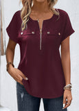 Zipper Short Sleeve Blouse