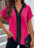 Hot Pink Patchwork Short Sleeve V Neck Blouse