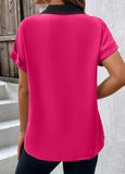 Hot Pink Patchwork Short Sleeve V Neck Blouse