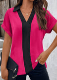 Hot Pink Patchwork Short Sleeve V Neck Blouse