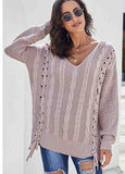 Knitted Drawstring V-Neck Sweater