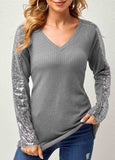 Knit Waffle Panel V-neck Sequin Top