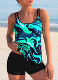 Rainbow Color Stroke Print Wide Strap Tankini Set