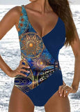 Retro Printed Hollow Out One-Piece Swimsuit