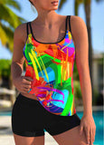 Rainbow Color Stroke Print Wide Strap Tankini Set