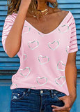 Printed V-neck loose T-shirt