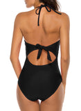 Solid Color Halter V-Neck Sexy One-piece Swimsuits - soofoom.com