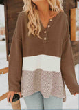 Brown Splicing Buttoned Knitted Sweater