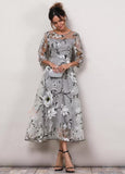 Floral Round Neckline 3/4 Sleeves Midi X-line Dress