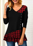 Button Embellished Plaid Print V Neck T Shirt