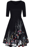 Belted Floral Print Round Neck Black Dress