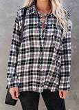 Plaid Lace Up Turndown Collar Long Sleeve Blouse