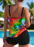 Rainbow Color Stroke Print Wide Strap Tankini Set