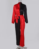 Colorblock Long Sleeve Knotted Jumpsuit