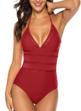 Solid Color Halter V-Neck Sexy One-piece Swimsuits - soofoom.com