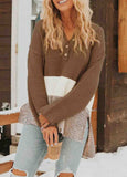 Brown Splicing Buttoned Knitted Sweater