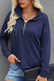 Zip Solid V-neck  Long Sleeve Sweatshirt