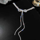 Valentines Rhinestone Silver Bowknot Necklace for Women