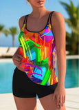 Rainbow Color Stroke Print Wide Strap Tankini Set