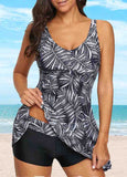 Leaf Printed Colorblock Tankini Set