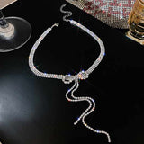 Valentines Rhinestone Silver Bowknot Necklace for Women