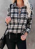 Plaid Lace Up Turndown Collar Long Sleeve Blouse