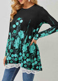 Floral Print Lace Stitching Long Sleeve T Shirt