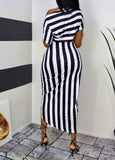 Striped Print One Shoulder Wrap Midi Dress