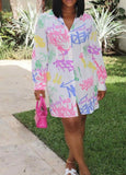 Colorful Letter Print Button Up Mini Dress