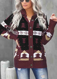 Retro Jacquard Pattern Buttoned Front Hooded Sweater