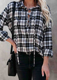 Plaid Lace Up Turndown Collar Long Sleeve Blouse