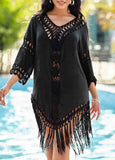 Tassel Hem 3/4 Sleeve Black Cover Up