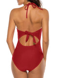 Solid Color Halter V-Neck Sexy One-piece Swimsuits - soofoom.com