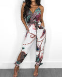 Peacock Print Slit Tied  Jumpsuit