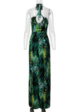 Halter Lace-UP Leaf Print Slit Maxi Dress