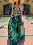 Halter Lace-UP Leaf Print Slit Maxi Dress