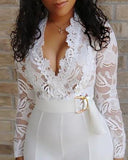 Lace Bodice Plunge Long Sleeve Jumpsuit