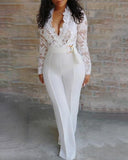 Lace Bodice Plunge Long Sleeve Jumpsuit