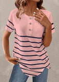 Button Striped Short Sleeve T Shirt