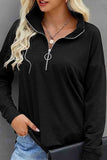 Zip Solid V-neck  Long Sleeve Sweatshirt