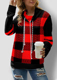 Drawstring Neck Contrast Long Sleeve Plaid Sweatshirt