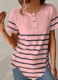 Button Striped Short Sleeve T Shirt