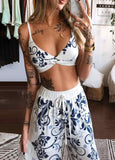 Twisted Front Floral Print Crop Top & Pants Set