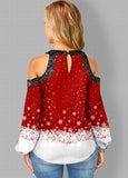 Cold Shoulder Christmas Print Sequin Contrast Blouse