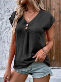 Button Short Sleeve V Neck Blouse