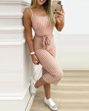 Striped Cropped Jumpsuit With Belt