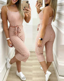 Striped Cropped Jumpsuit With Belt