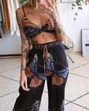 Printed Crop Top & Wide Leg Pants Set