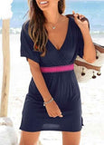 V Neck Cross Contrast Belt Mini Dress