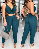 Cowl Neck Crisscross Backless Crop Top & Pants Set